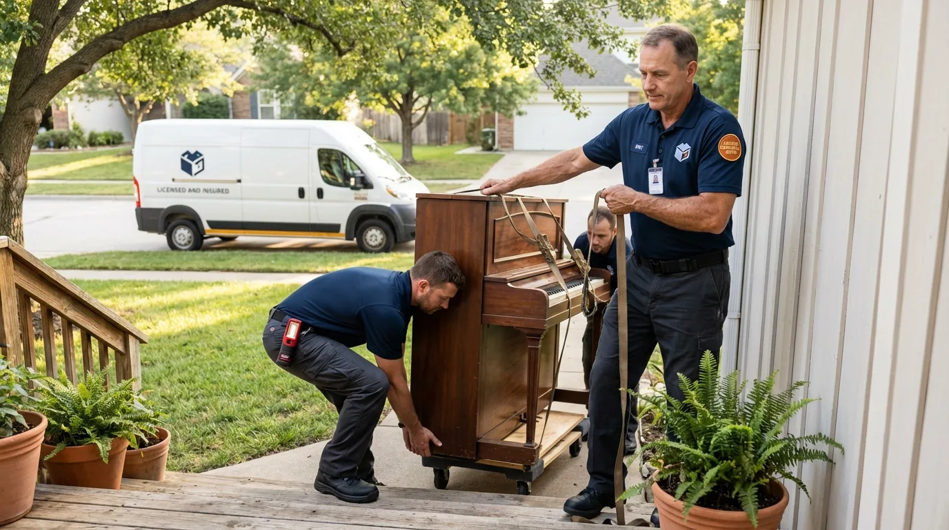 Licensed piano movers securing grand piano in South Jordan, UT