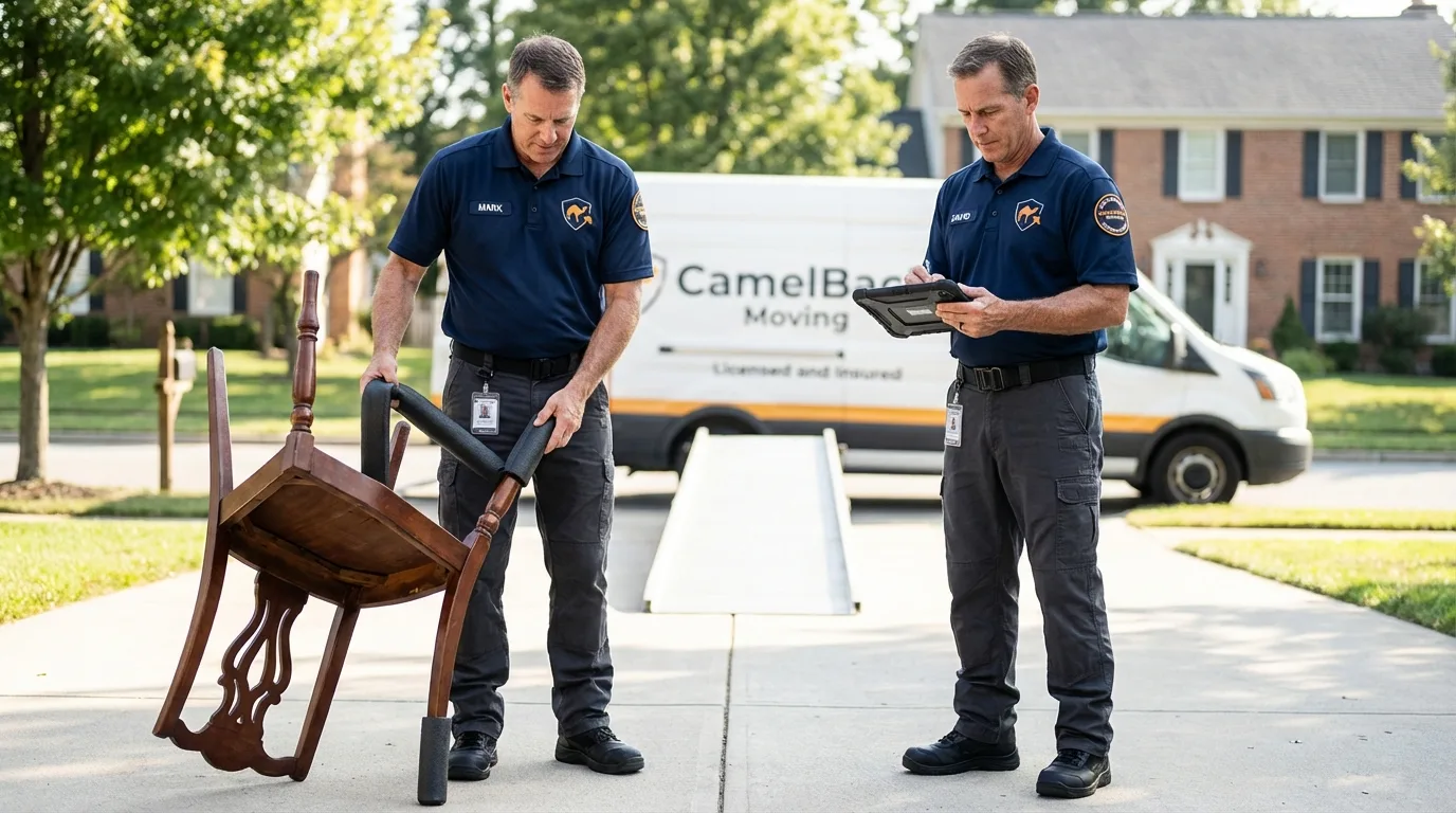Movers inspecting furniture for damage prevention before loading in South Jordan, UT