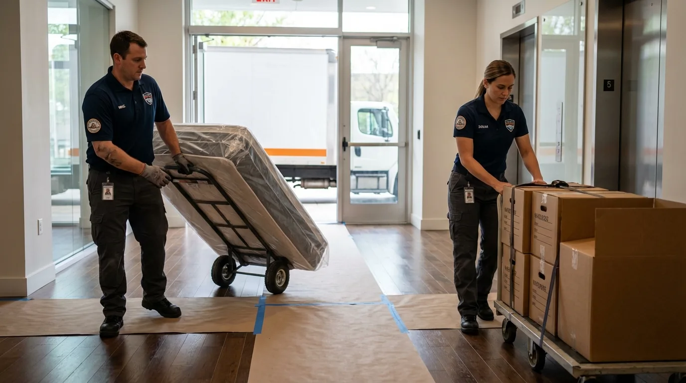 Professional apartment movers loading elevator in South Jordan, UT
