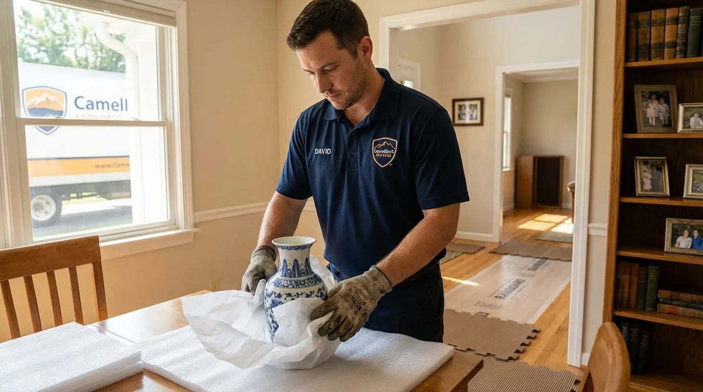 Professional crew carefully wrapping antique vase for senior downsizing move in South Jordan, UT
